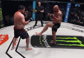 a man kicking another man in a boxing ring with monster energy on the floor