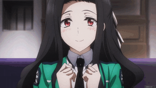 a girl with long black hair and red eyes is wearing a green shirt and tie