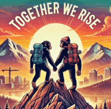 two chimpanzees holding hands on top of a mountain with the words together we rise behind them