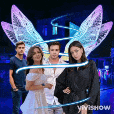 a group of people are standing in front of a vivishow logo