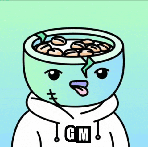a cartoon character with a bowl of cereal in his head and a gm hoodie
