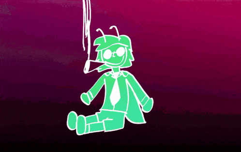 a green cartoon character is sitting on the ground with a cigarette in his mouth .