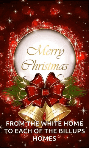 a merry christmas card with bells and a bow