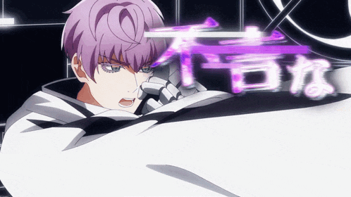 a cartoon character with purple hair and a white jacket