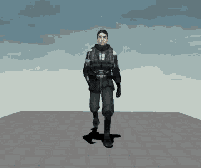 a man in a military uniform is walking on a tiled floor