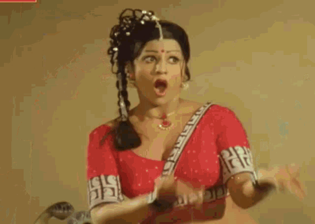a woman in a red top and skirt is dancing in a room .