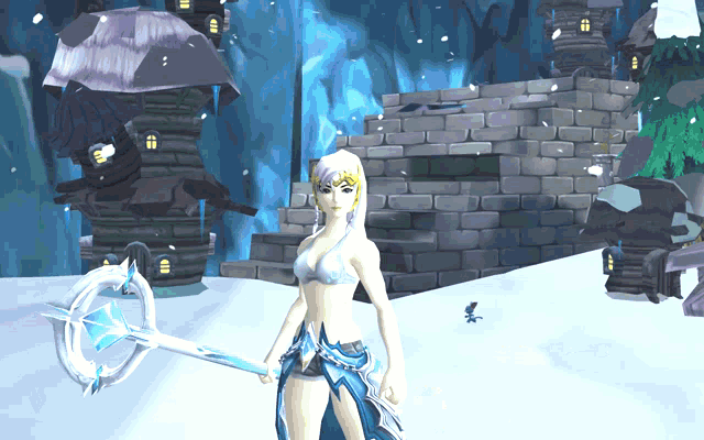 a woman in a bikini is holding a sword in front of a castle