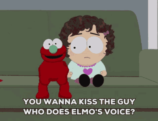 a girl sitting on a couch with elmo and the words " you wanna kiss the guy who does elmo 's voice " below