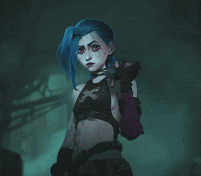 a girl with blue hair is holding a gun in a dark room