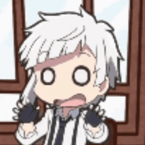 a cartoon character with white hair and black eyes is sitting in front of a window and making a funny face .