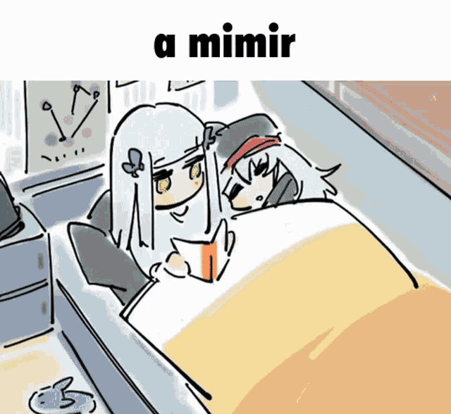 a cartoon of two girls laying in a bed with the words a mimir above them