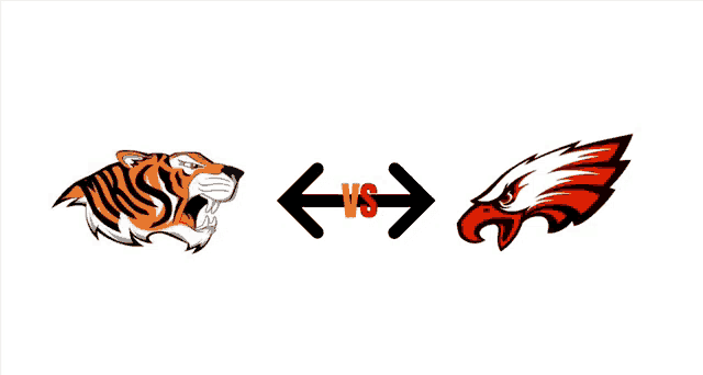a tiger and an eagle with arrows pointing to the right and left