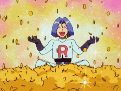 a cartoon character with the letter r on his chest is sitting in a pile of gold coins
