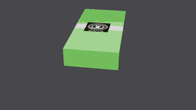 a green and white box with a black sticker on it