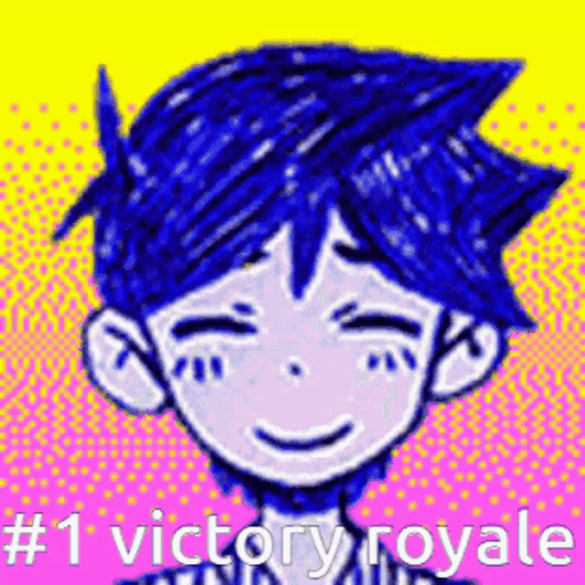 a drawing of a boy with blue hair and the words `` # 1 victory royale '' below him .