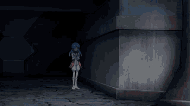 a girl with blue hair is standing in the dark