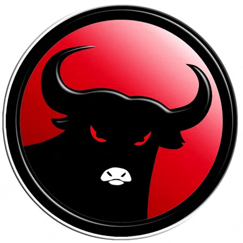 a black bull with red eyes is in a red and black circle