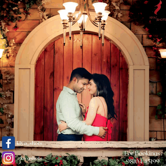 a man and woman are hugging in front of a wooden door and a sign that says for bookings 98104 45199