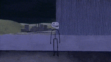a troll face is standing in front of a purple wall