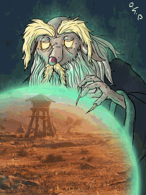 a cartoon drawing of a man with a beard and a glowing sphere around him