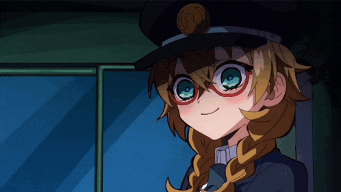 a girl wearing glasses and a hat with a coin on top