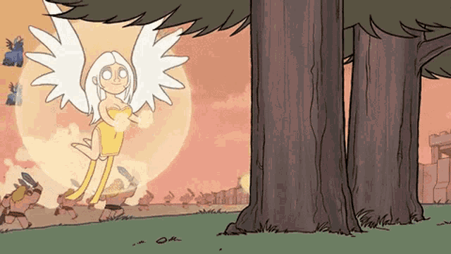a cartoon of a woman with wings standing in front of a tree