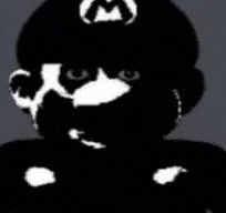 a black and white silhouette of a person wearing a hat with a m logo on it .