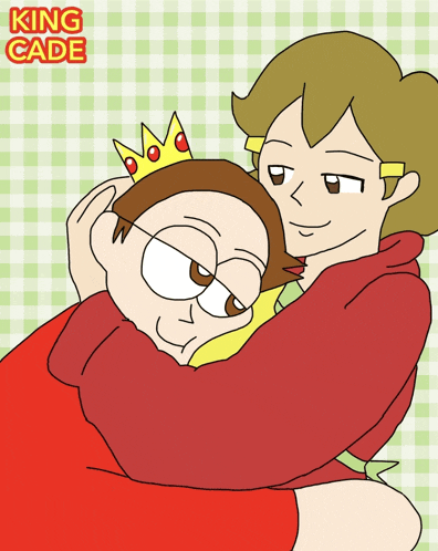 a cartoon drawing of king cade kissing another cartoon character on the cheek