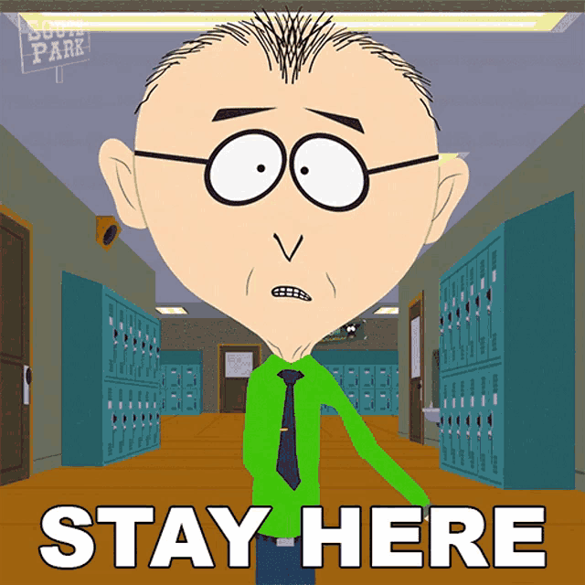 a cartoon of a man with glasses and the words stay here