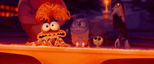 a group of cartoon characters are standing around a table and one of them has orange hair