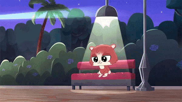 a cartoon hamster sits on a red couch under a light