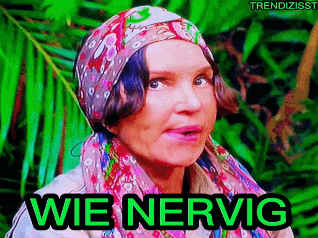 a woman wearing a scarf and a headband says wie nervig