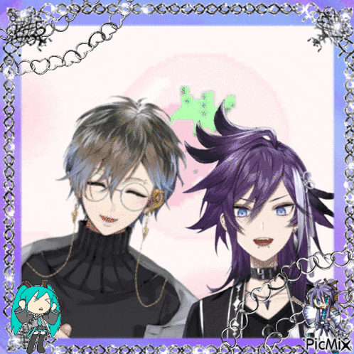 a picture of two anime characters with purple hair and glasses