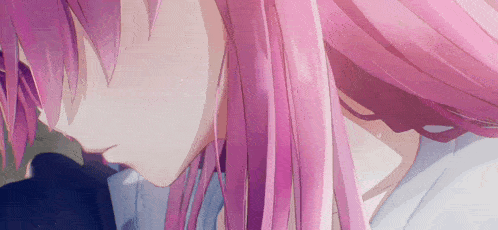 a close up of a pink haired anime character