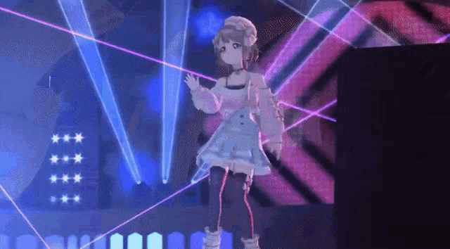 a girl in a white dress is standing on a stage with a microphone in her hand