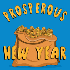 a penguin is sitting in a bag of coins with the words prosperous new year written above it