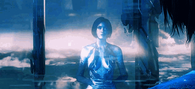 a woman in a blue dress is standing in front of a cloudy sky with the words gamingqueen below her