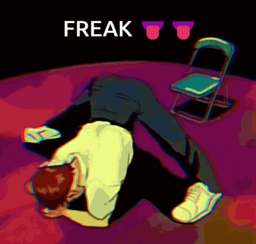 a colorful drawing of a man laying on the floor with the word freak below him