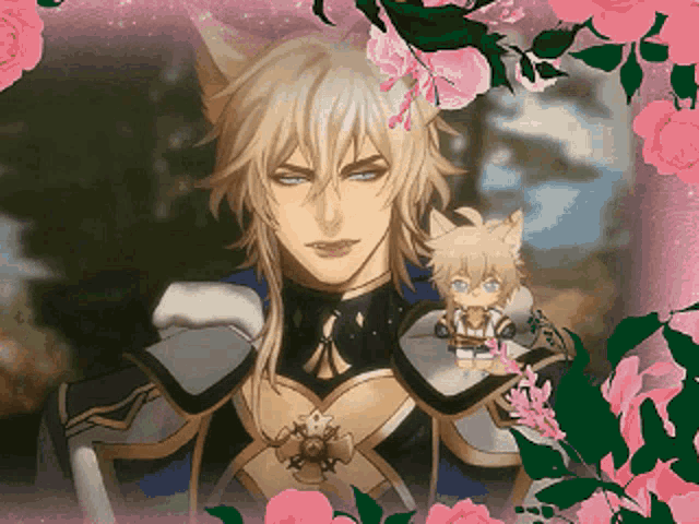 a man with cat ears is surrounded by flowers