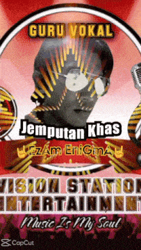 a poster for guru vokal shows a man with glasses and a microphone