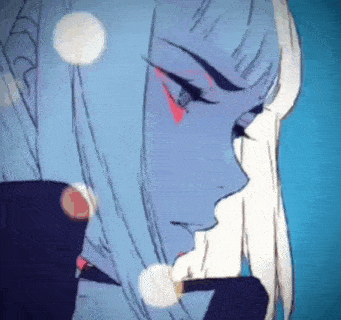 a close up of a drawing of a girl with long blue hair and red eye shadow .