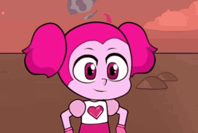 a pink cartoon character with a heart on her chest