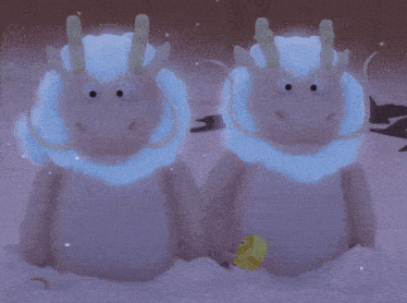 a couple of stuffed animals standing next to each other with a purple background