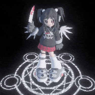 a pixel art of a girl holding a bloody knife with the letter r on it