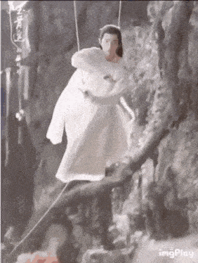 a man in a white dress is hanging from a rope on a tree branch .