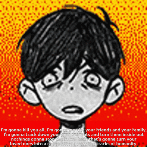 a black and white drawing of a boy with a red background
