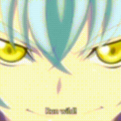 a close up of a person 's face with yellow eyes and blue hair .