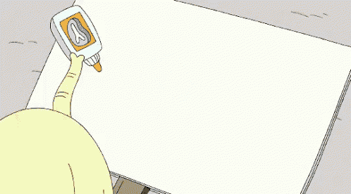 a cartoon drawing of a hand holding a glue bottle