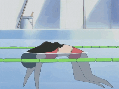 a cartoon of a girl in a pool holding a surfboard