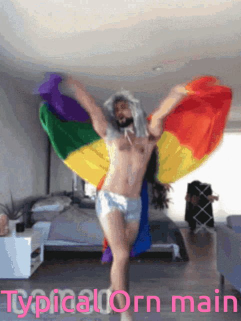 a picture of a man dancing with a rainbow flag and the words typicalcorn main